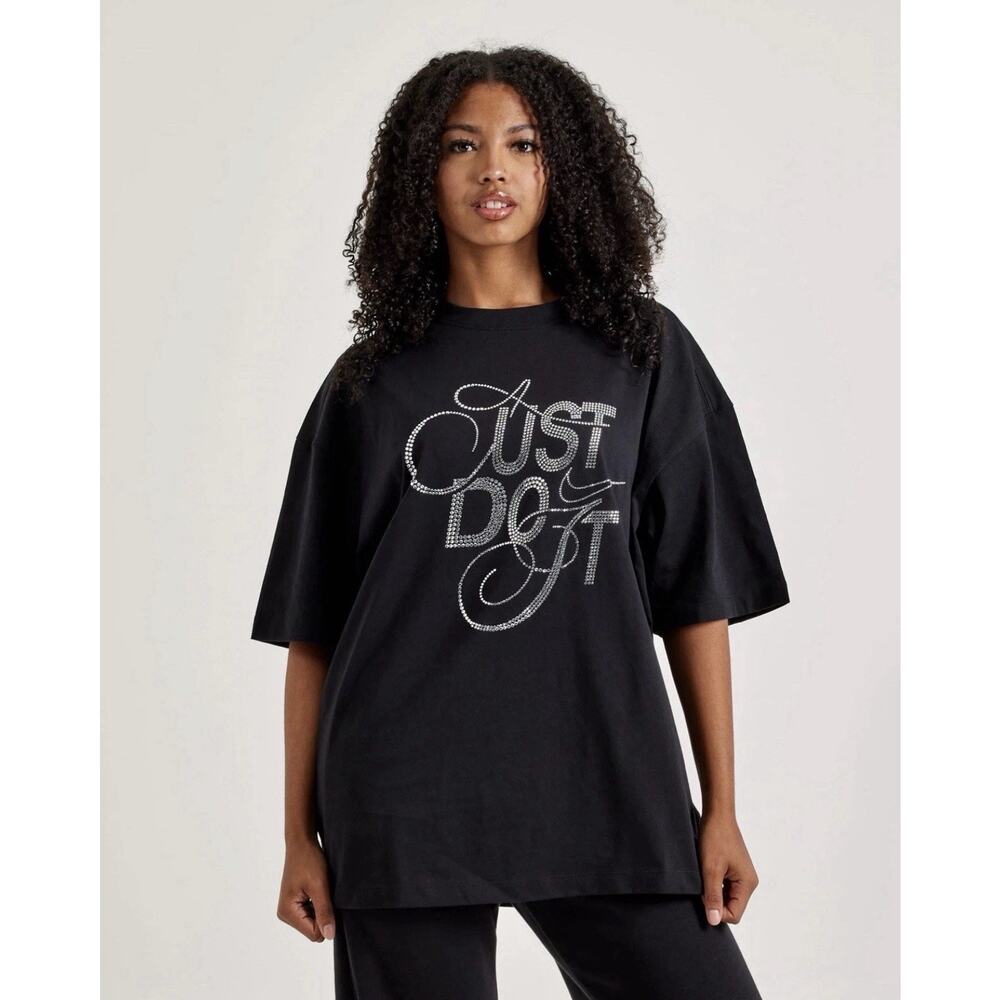 Nike Womens Black Oversized Fit T-Shirt W/Rhinestone "Just Do It" Graphic L
